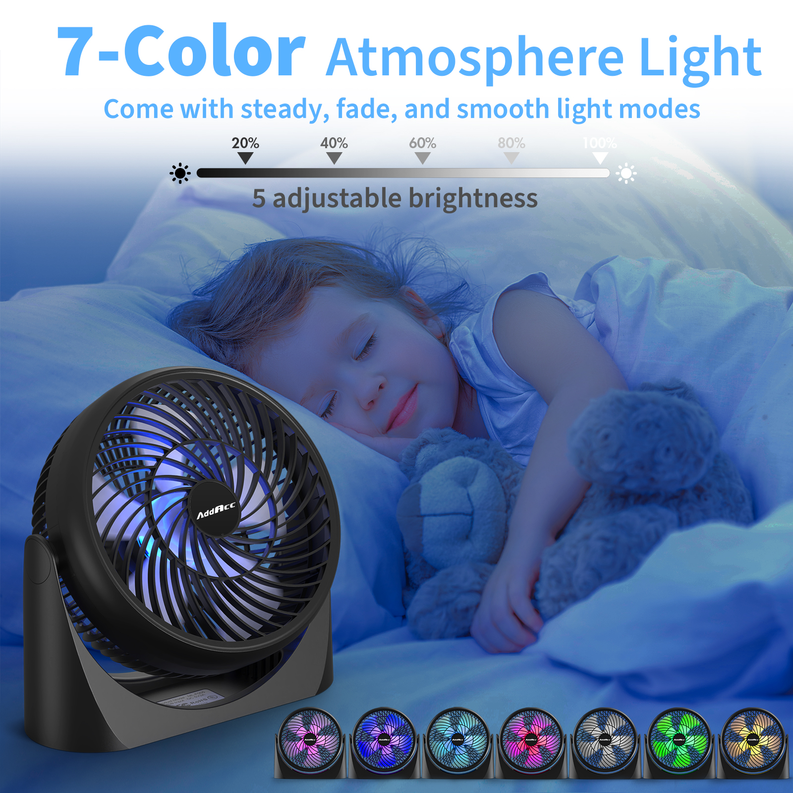 AddAcc 8 inch Table Fan with Remote, USB Powered Desk Fan with RGB