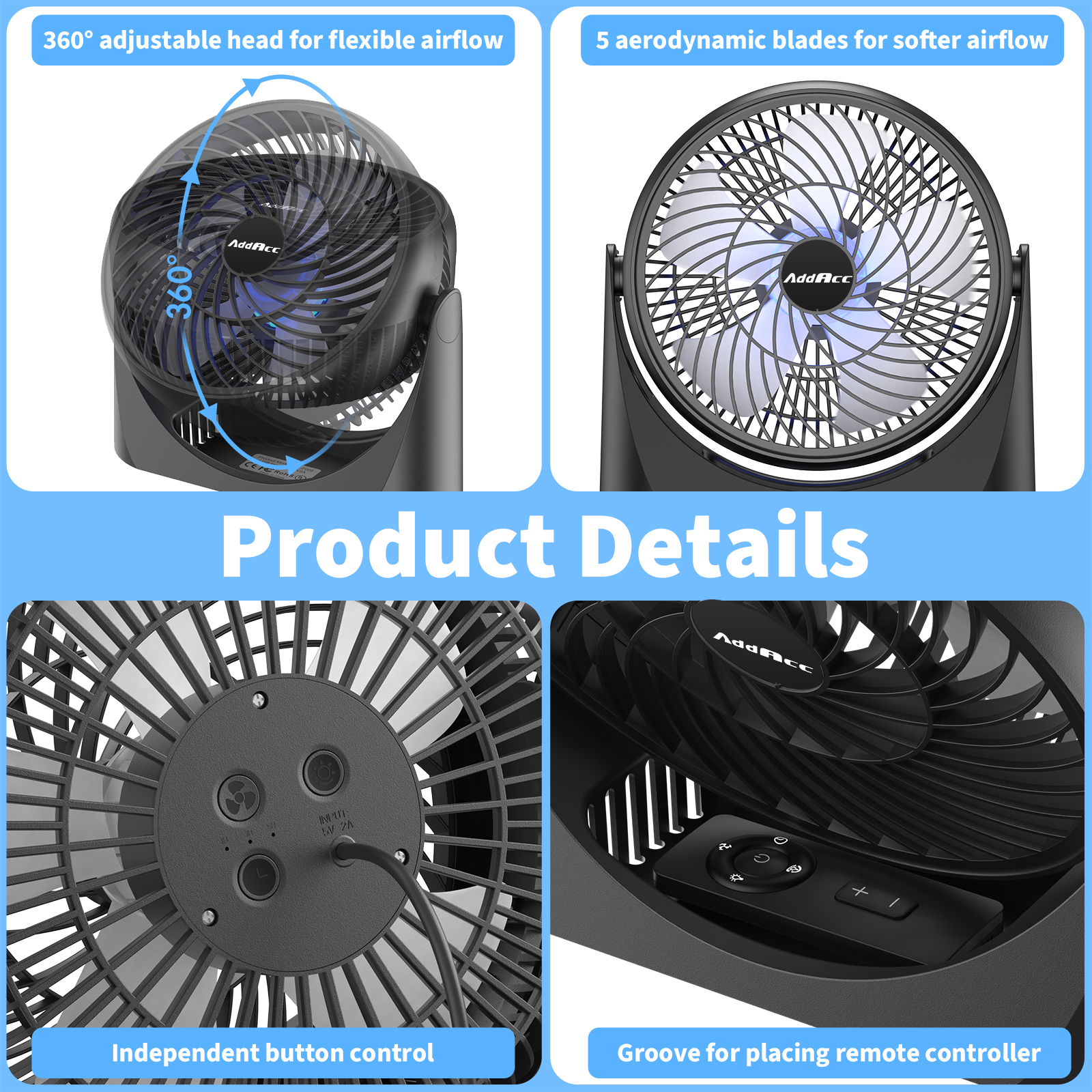 AddAcc 8 inch Table Fan with Remote, USB Powered Desk Fan with RGB